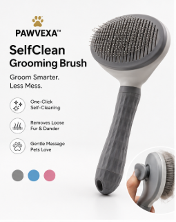 PAWVEXA Self-Cleaning Pet Grooming Brush – Dog & Cat Deshedding Brush – Pink/Grey/Blue